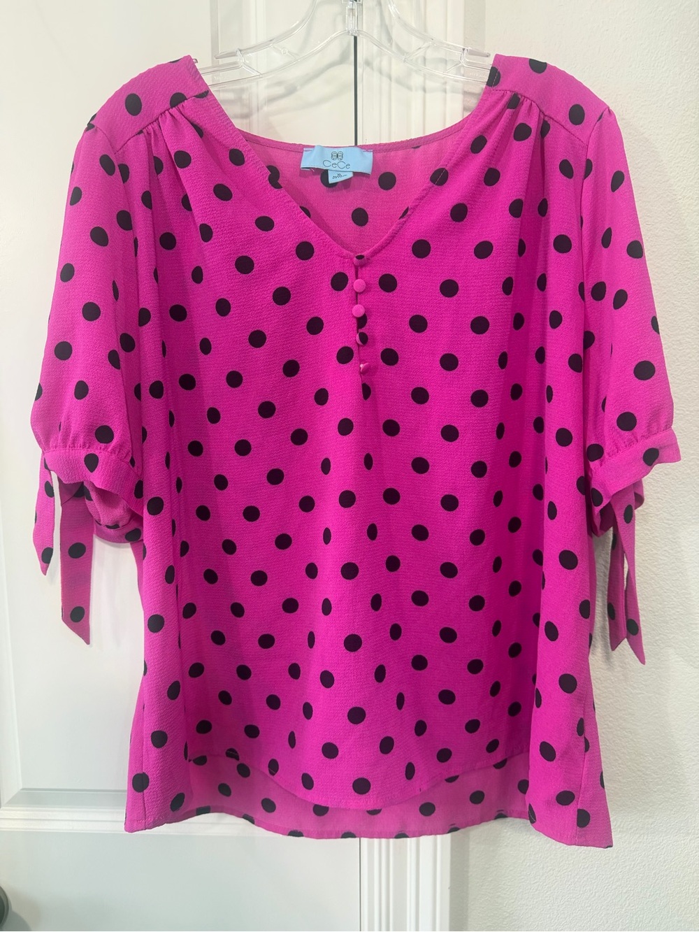 CeCe Fuchsia Polka Dot V-Neck Blouse with Tie Sleeves